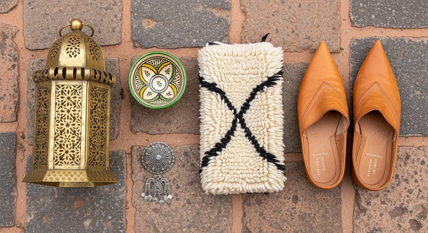 A flat-lay collection of authentic Moroccan artisanat objects including brass lantern, Safi ceramic bowl, leather babouches, Beni Ouarain rug, and Amazigh silver brooch
