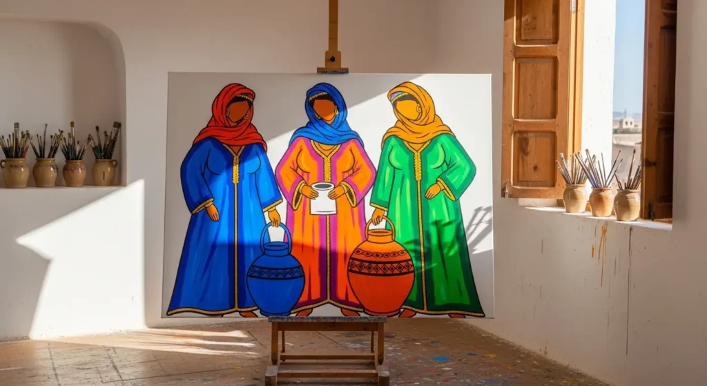 A vibrant folk art style painting of three Moroccan women in traditional kaftans displayed on an easel in a sunlit Moroccan artist studio
