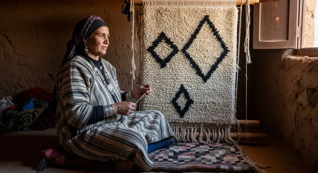Amazigh woman hand-knotting a traditional Beni Ouarain rug on a wooden loom in an Atlas Mountains workshop