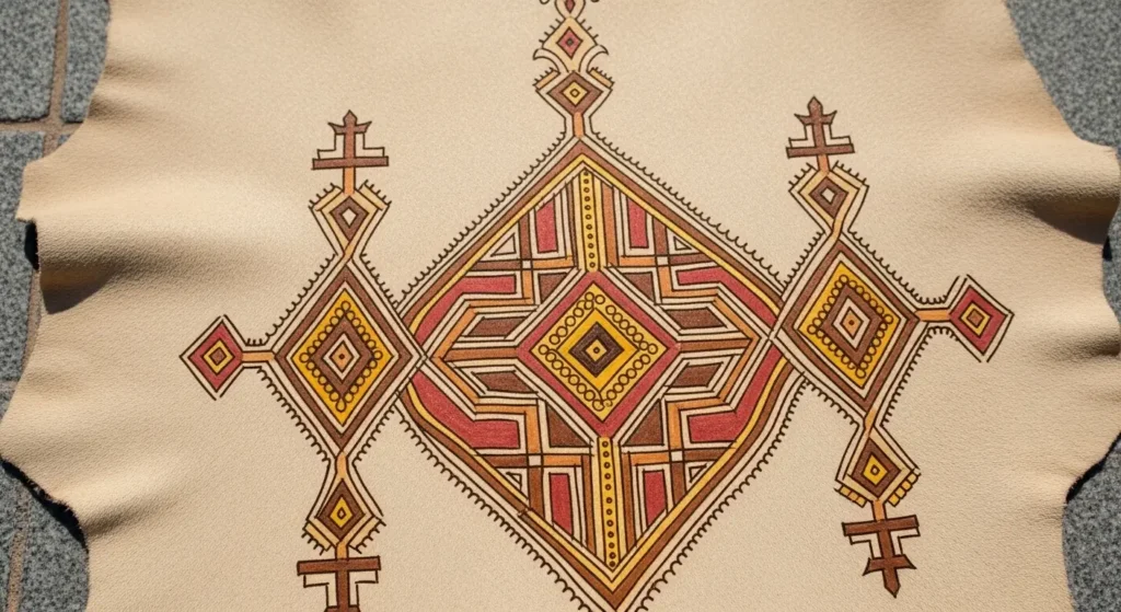 Close-up of a traditional Moroccan artwork on sheepskin leather decorated with Tifinagh symbols and geometric patterns in henna and saffron pigments