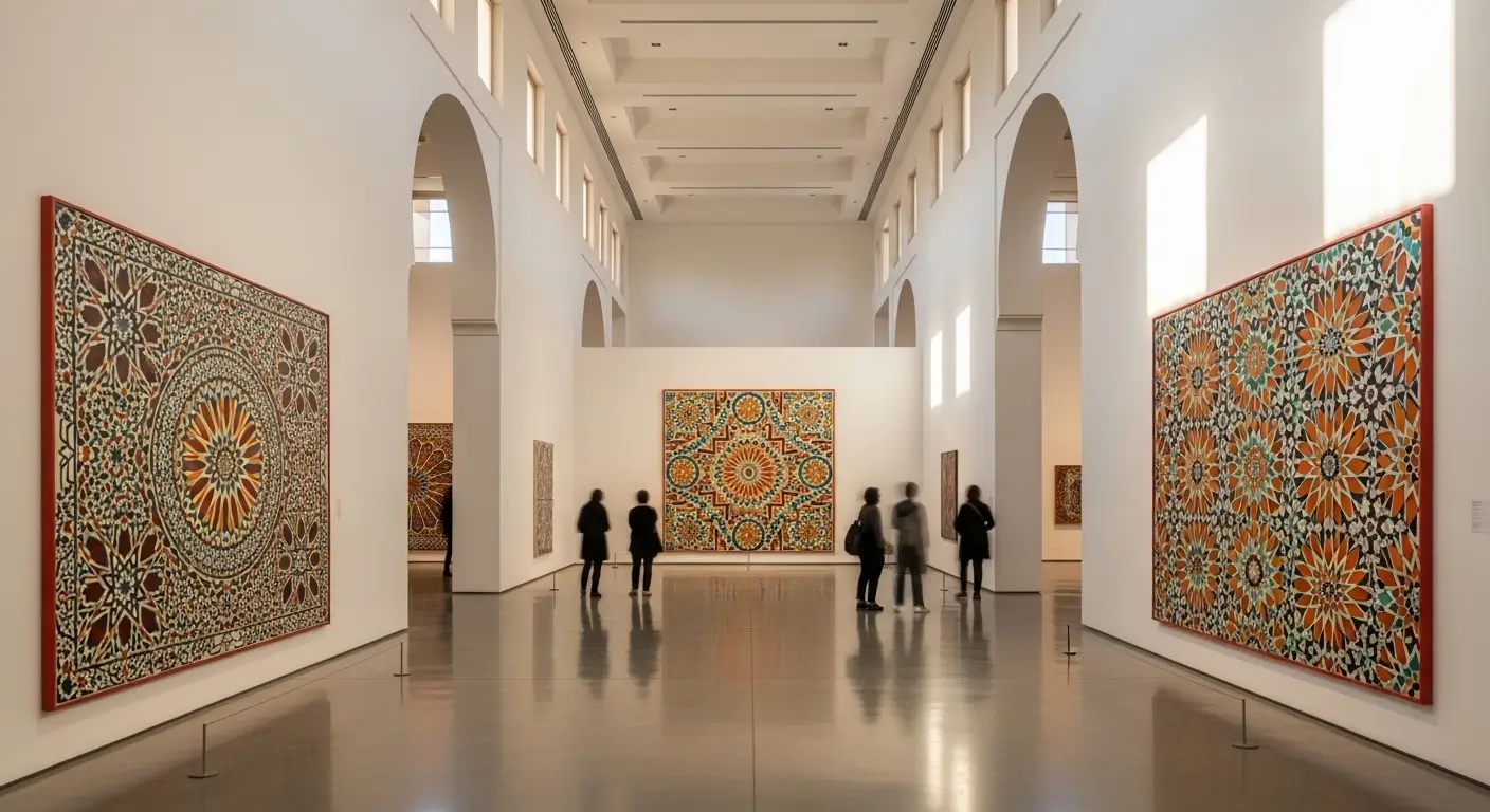 Famous Moroccan Painters - Interior of a Moroccan contemporary art museum displaying abstract paintings with geometric and Amazigh-inspired patterns