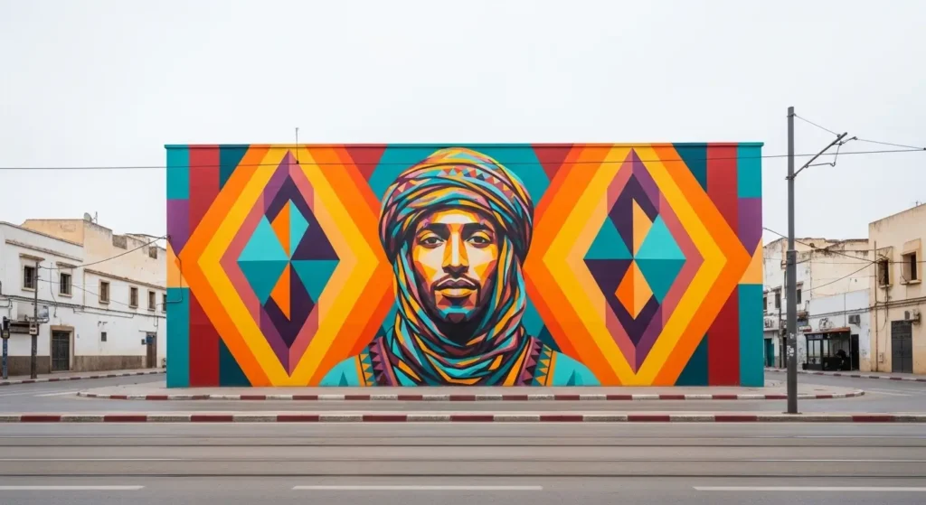 Giant geometric colorful mural of a desert prince painted on a building wall on a Rabat Morocco avenue