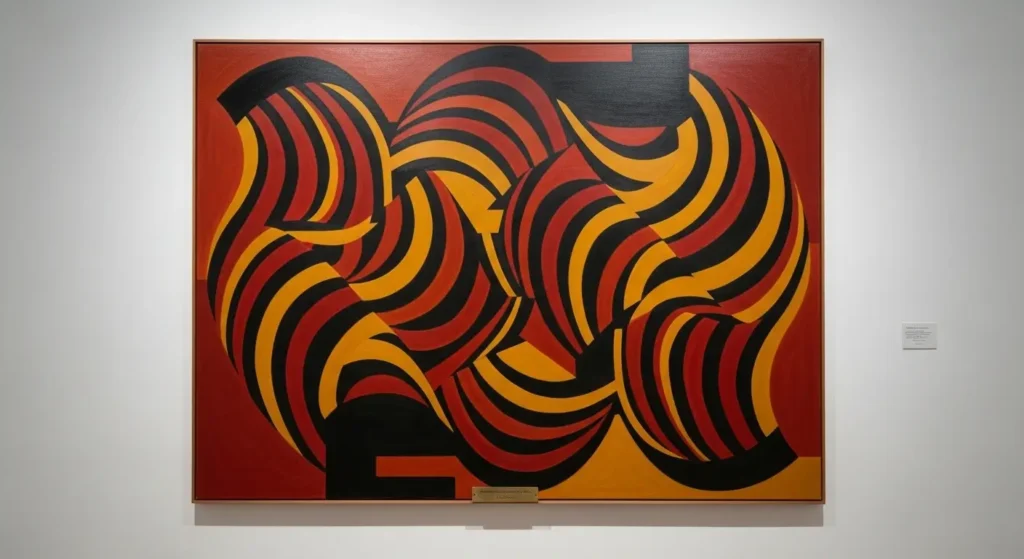 Large abstract painting in the style of the Casablanca School featuring bold geometric wave patterns in red and ochre
