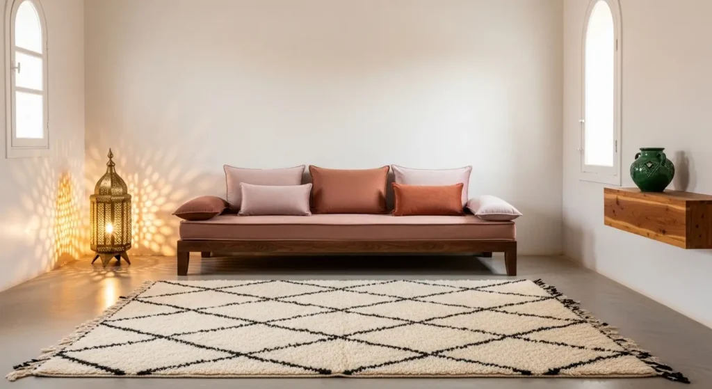 Modern Moroccan beldi chic living room featuring a Beni Ouarain rug, hammered brass lantern, tadelakt walls, and Tamegroute pottery