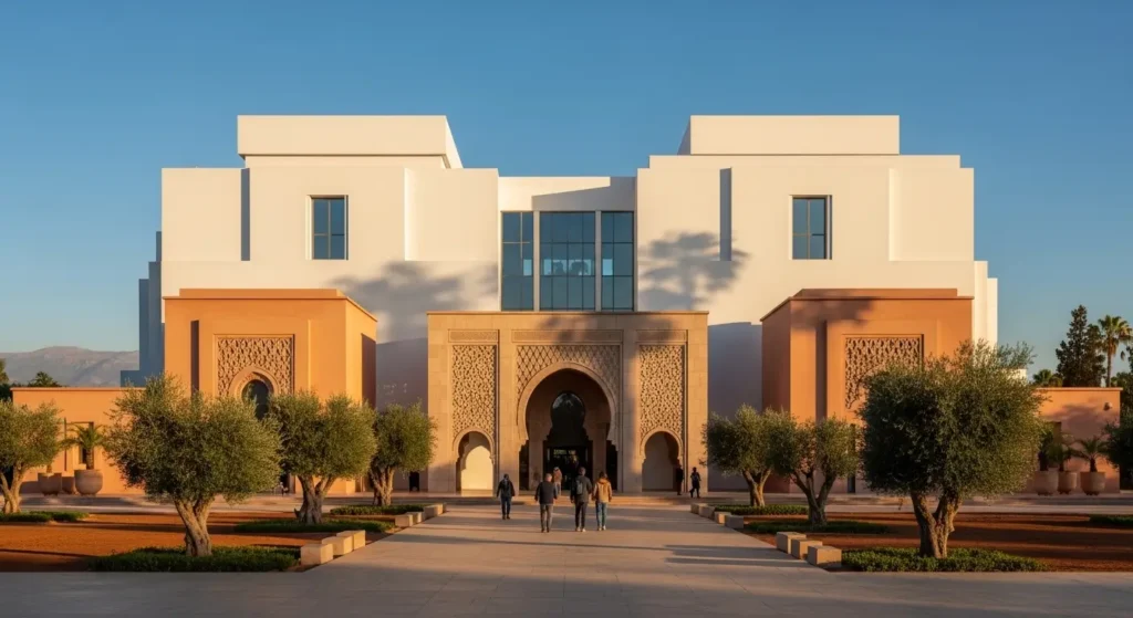 Modern contemporary art museum exterior in Marrakech combining clean geometric architecture with traditional Moroccan design elements