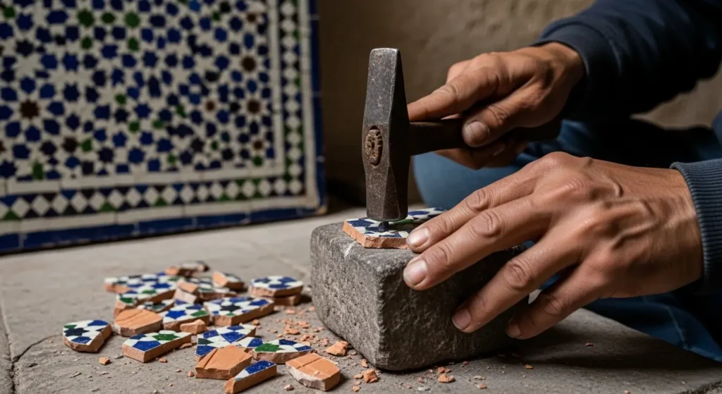 Moroccan craftsman's hands cutting glazed terracotta tiles with a menkach hammer to make zellige mosaic in a Fès workshop