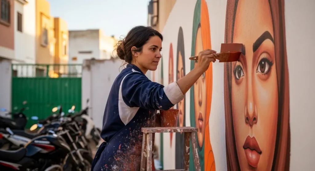 Moroccan female street artist painting a mural of Moroccan women on a large wall in a Rabat neighborhood