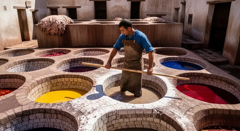 Moroccan leather tanner working inside the Chouara tannery in Fès, surrounded by colorful natural dye vats