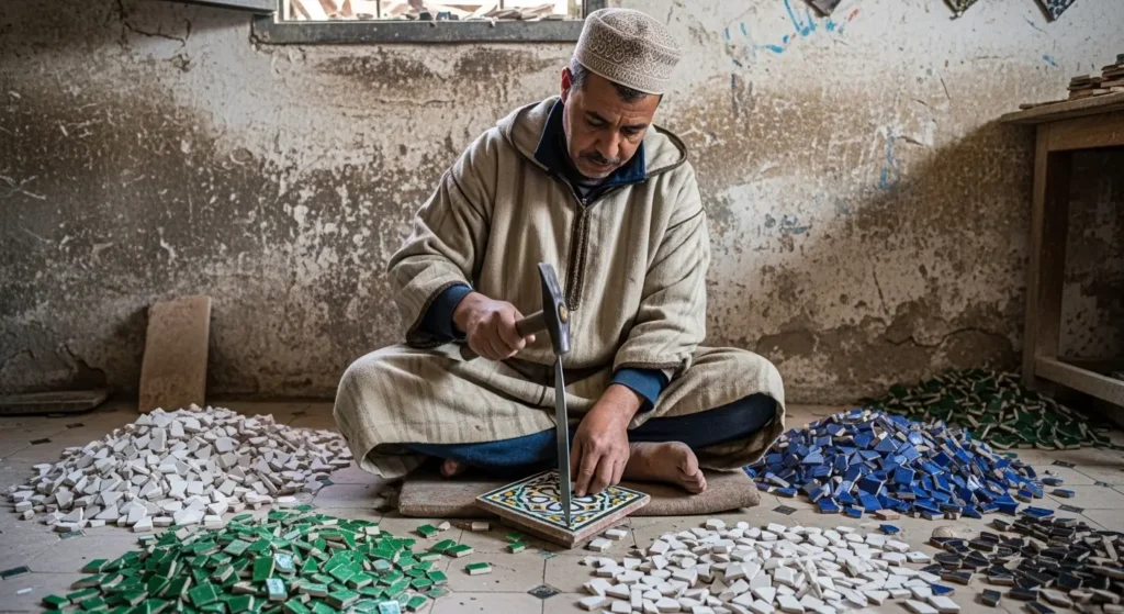 Moroccan maalem craftsman cutting zellige tiles by hand with a menqach hammer in a traditional Fes workshop