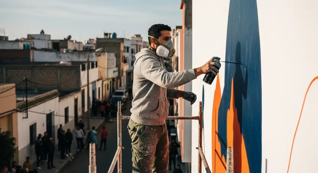 Moroccan street artist spray painting a large mural on scaffolding during the JIDAR street art festival in Rabat