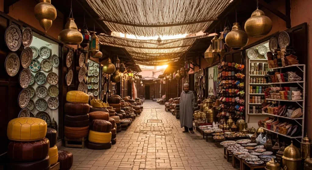 Narrow souk alley in the Marrakech medina lined with stalls selling ceramics, brass lanterns, leather poufs, and babouches