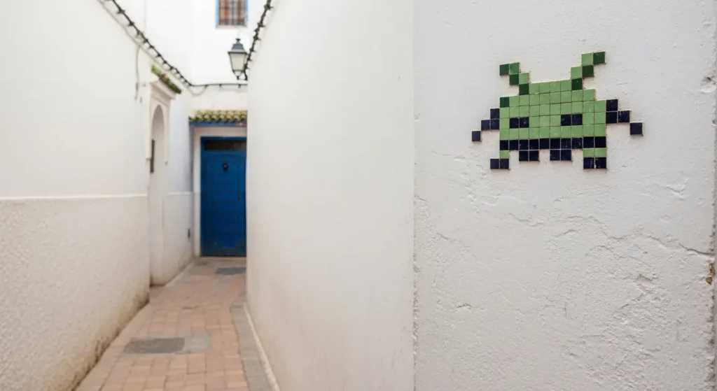 Small pixel art Space Invader mosaic tile installed on a whitewashed wall inside the old medina of Rabat Morocco