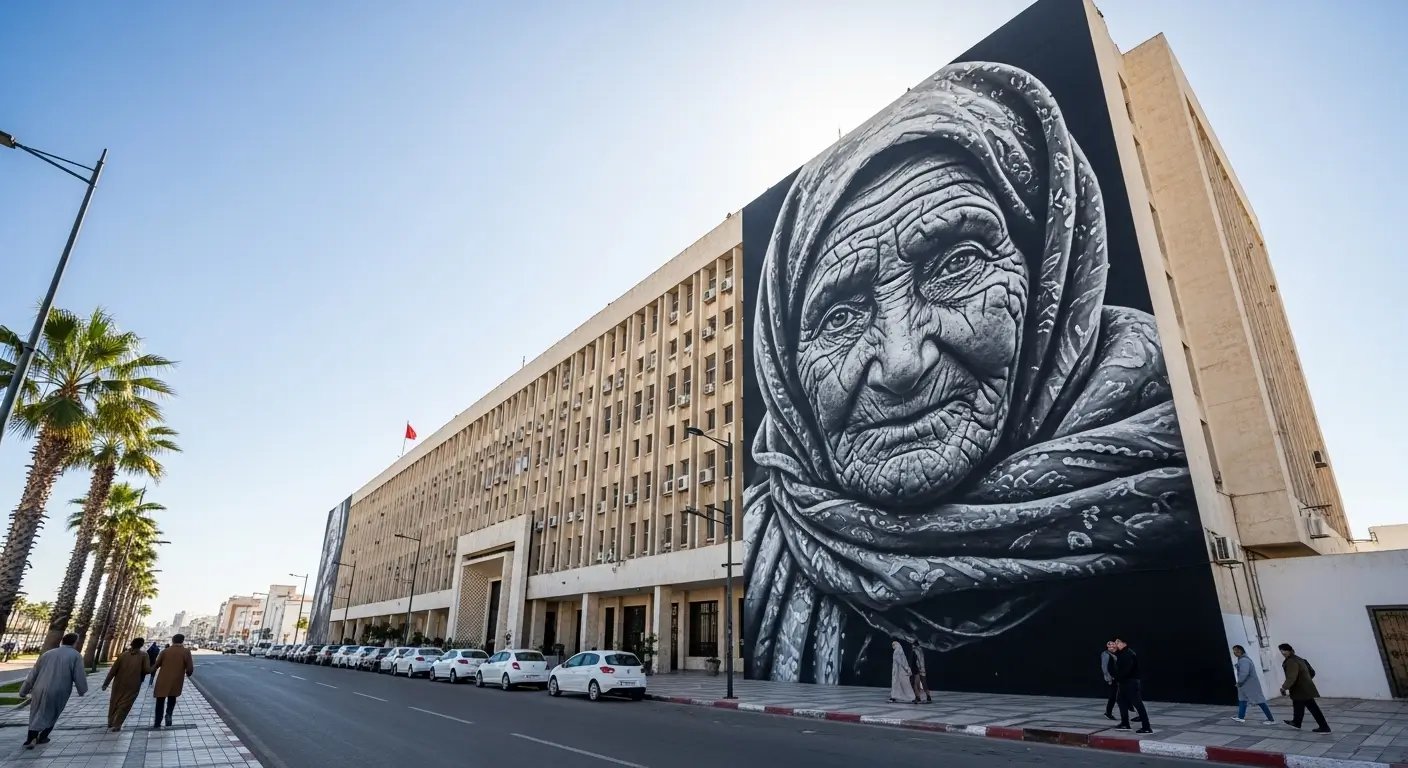 Street Art in Rabat - Large-scale black-and-white realistic mural of an elderly Moroccan woman painted on a government building facade in Rabat Morocco