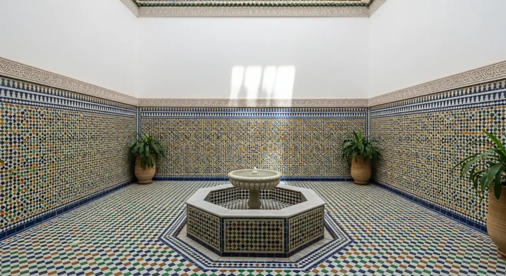 Traditional Moroccan riad courtyard in Marrakech with authentic zellige mosaic tile floor and fountain