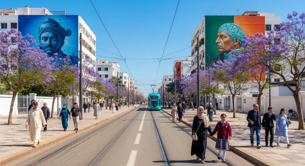 Wide view of a Rabat Morocco boulevard showing multiple colorful street art murals on building facades along a tram line